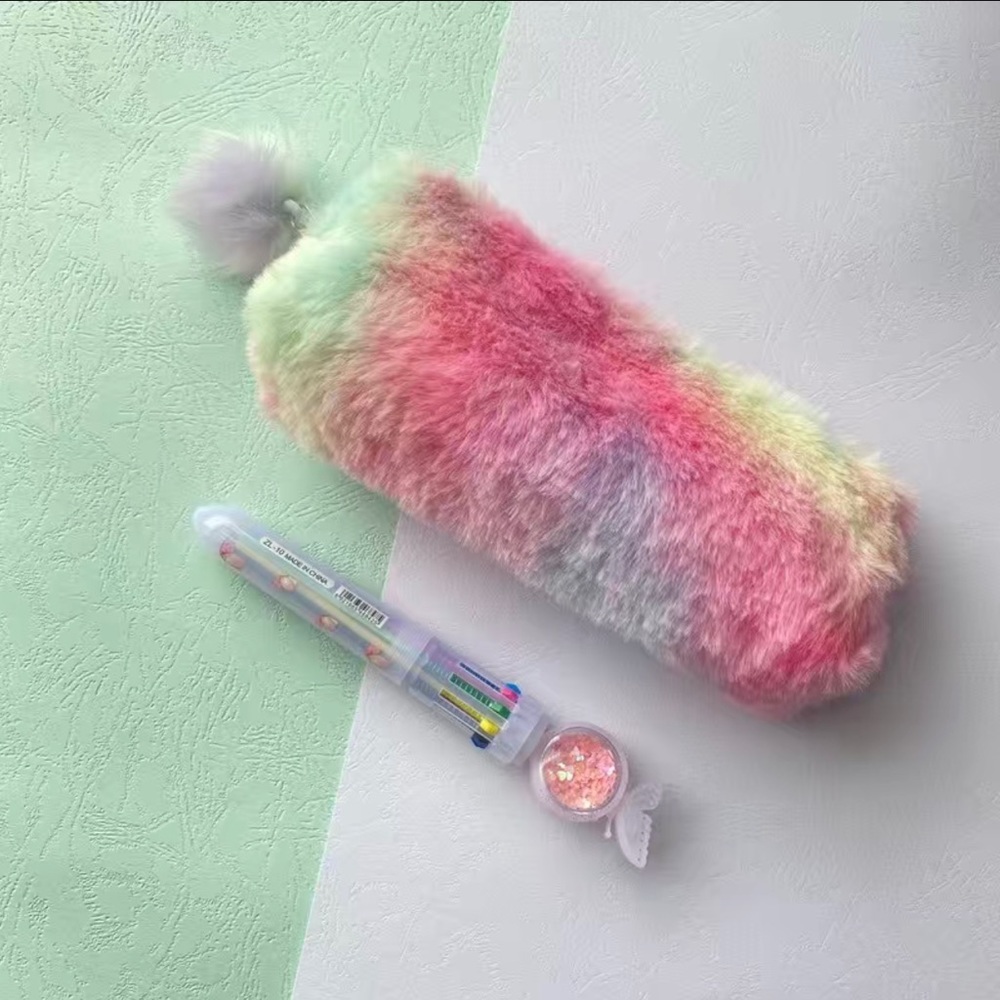Rainbow Plush Pencil Case With Pen 2 Pieces Set